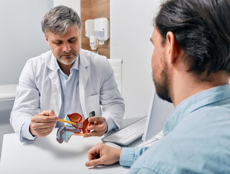Consultation d’andrologie entre un médecin spécialiste et un patient, avec présentation d’un modèle anatomique du système reproducteur masculin dans le cadre d’un bilan de fertilité ou d’un parcours AMP.
